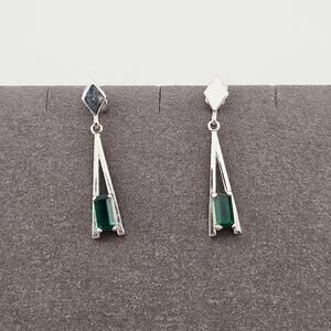 Silver Tone Emerald Style Green Stone Drop Earrings Geometric Dangle Bridgerton